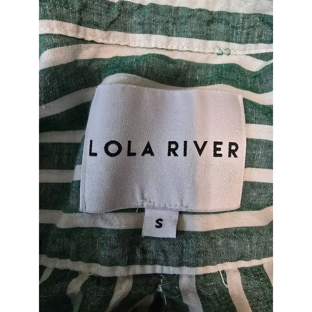 LOLA RIVER Striped Shirt Womens Sz S Green White Button‎ Up Tie Roll Tab Sleeve - Picture 4 of 6
